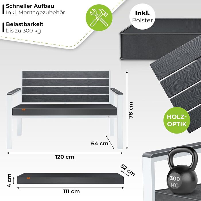 Лавочка для саду KESSER® з подушками – вулична лавочка, 2 місця, для тераси, балкону, саду, парку, міцна, до 300 кг, стійка до УФ, знімний чохол подушки (антрацит/білий)