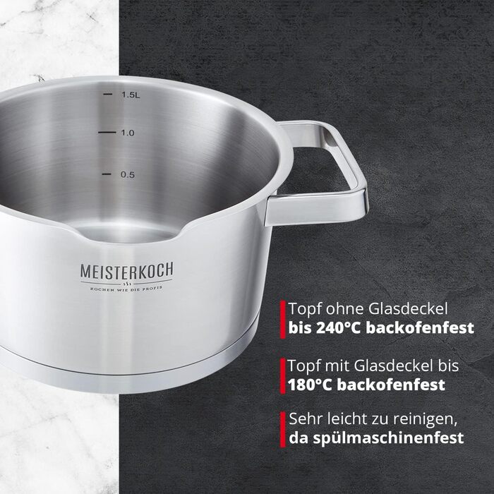 Каструля Meisterkoch з нержавіючої сталі 16 см з виливом, мірною шкалою та ізольованою ручкою | з кришкою з скла та ситом | кухонне приладдя, підходить для індукційних плит