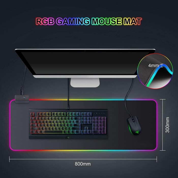 Килимок для миші ігровий RGB 900x400 мм XXL, великий, з підсвічуванням 14 режимів, 7 кольорів LED, вологостійкий, протиковзкий, для комп'ютера, ноутбука, клавіатури, професійний геймер, чорний