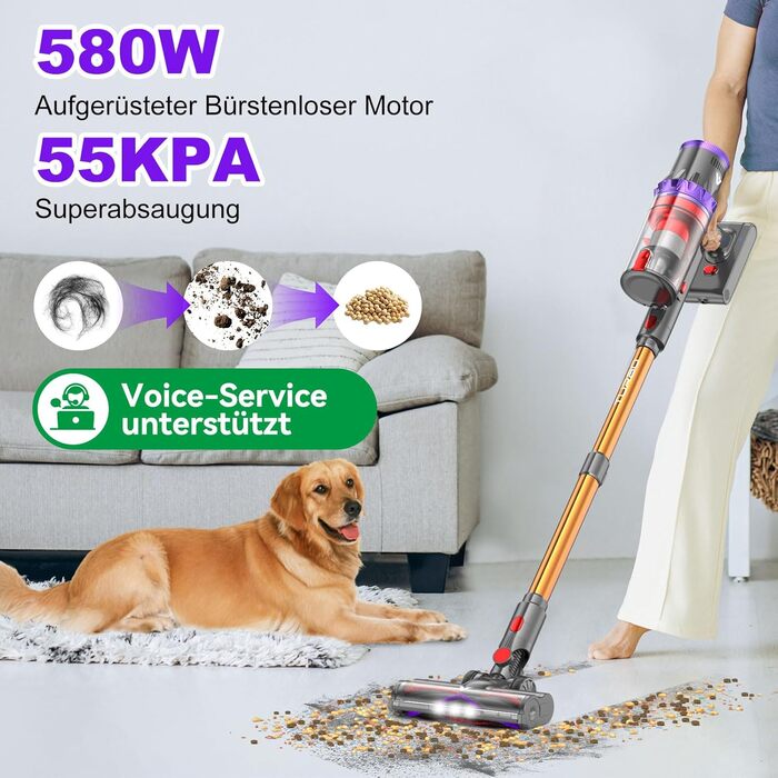 Бездротовий пилосос Coovy SU7 з акумулятором, 580W, 75 хвилин роботи, 55000Pa, дисплей, автоматичний режим, для килимів, шерсті тварин та твердих поверхонь