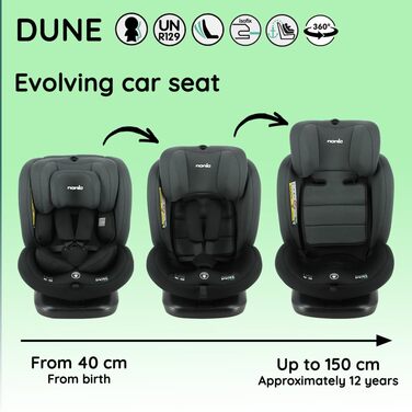 Автокрісло Nania Dune 0-36 кг, I-SIZE, 360° обертання, Isofix, регульована спинка та підголовник, сіре