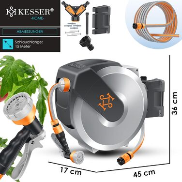 Кесер® барабан для садового шланга з автоматичним підйомом | Шланг для саду на стіну | 15м, сірий | Зручна ручна лійка з 7 функціями