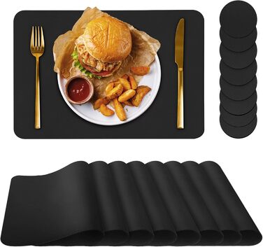 Набори серветок на стіл (6 шт.) чорного кольору, водонепроникні, підставки під тарілки, серветки для дітей, осінні серветки, серветки зі штучної шкіри, підставки під тарілки (Чорний, розмір 38,8)
