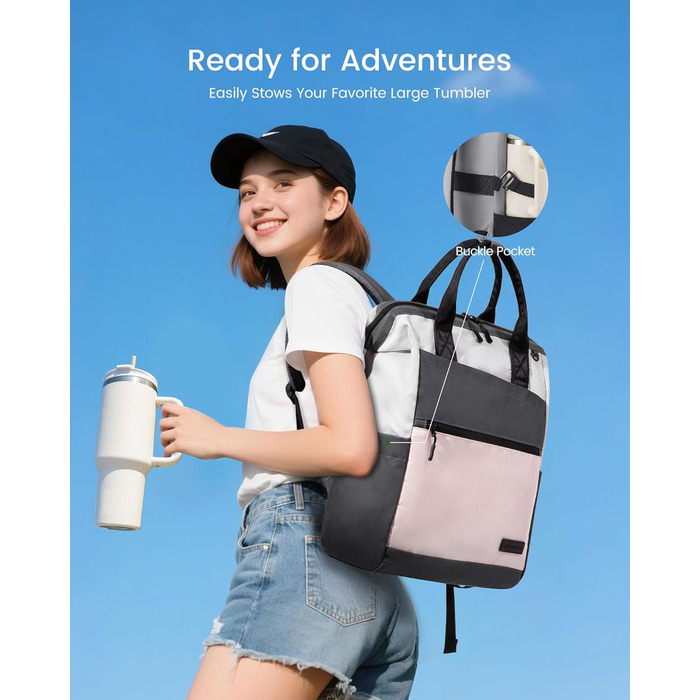 LOVEVOOK Рюкзак для жінок, 15.6 дюймів, рюкзак для школи, підліток, дівчина з великою кишенею для пляшки води, велика відкрита конструкція, сумка для роботи, шкільний рюкзак, рюкзак для подорожей, універсітету, школи (Сірий-рожевий, 15.6 дюймів)