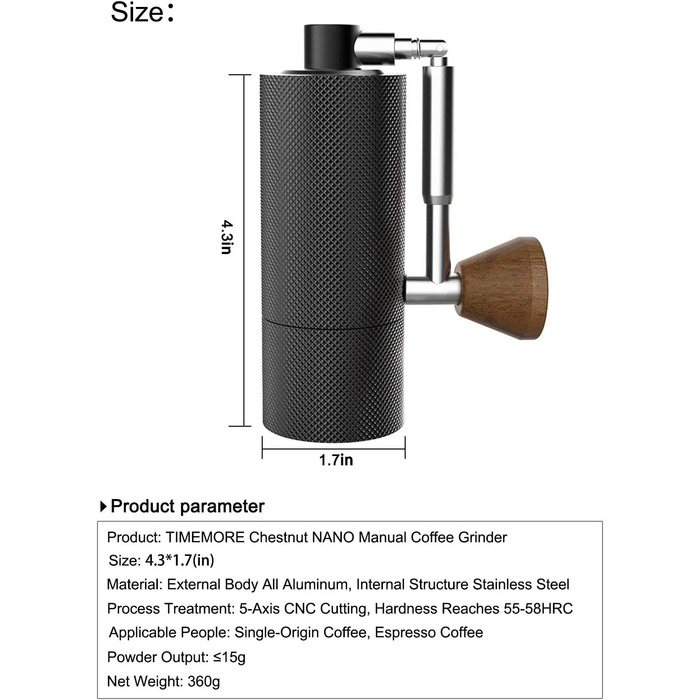 Кавомолка ручна TIMEMORE Nano - компактна кавомолка з нержавіючої сталі для еспресо та френч-прес (чорна)
