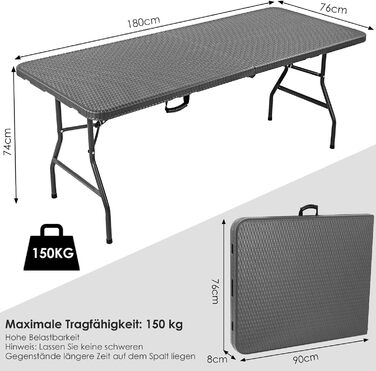 Садовий стіл складний 180x76 см, фуршетний стіл складний пластиковий, розкладний стіл з ручкою для перенесення, кемпінговий стіл на 10 осіб, стійкий до погодних умов Портативний стіл для вечірок для балкона садової тераси, ротанг до 150 кг виглядає темно-