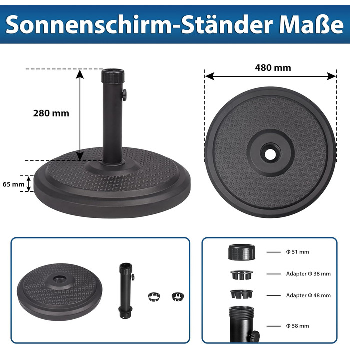 Підставка для парасольки Paramondo, кругла, з полімерного бетону, для масту до Ø 50 мм, з адаптерними втулками (чорна)