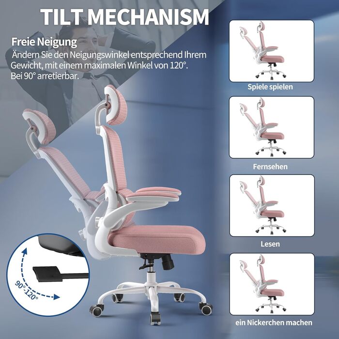 Офісне крісло TRALT Ergonomic - ергономічне крісло з регульованою підтримкою попереку та підголівником, ігрове крісло, крісло для дому, офісу, для великих людей (Рожеве)
