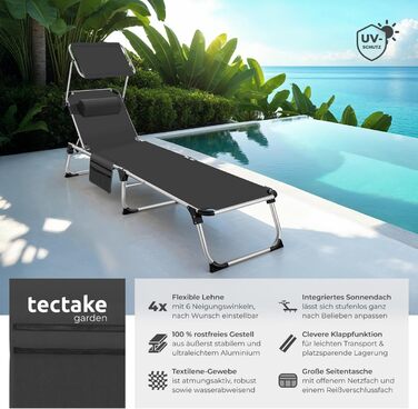 Шезлонг Tectake® з дахом: легкий, розкладний, для балкона, саду, кемпінгу та пляжу. Алюмінієвий, сірий меланж (чорний)