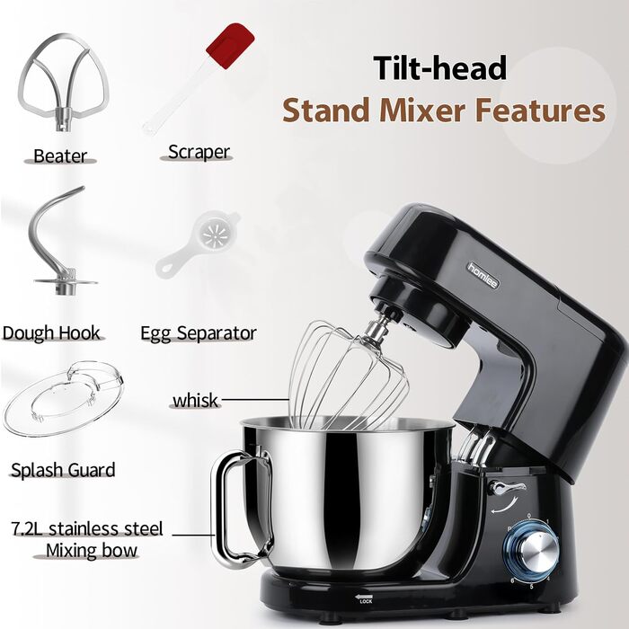 Потужна кухонна машина 1800W з великою чашею 7.2 л з нержавіючої сталі, міксер, насадки для тіста, збивання та взбивання