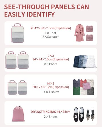 Набір компресійних органайзерів для валізи та рюкзака ECOHUB, 6 шт, легкі пакувальні куби з сітки для подорожей та ручної поклажі, рожеві