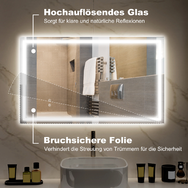 Дзеркало для ванної кімнати зі світлодіодним підсвічуванням, регульованою яскравістю, функцією запобігання запотіванню та вологостійке.