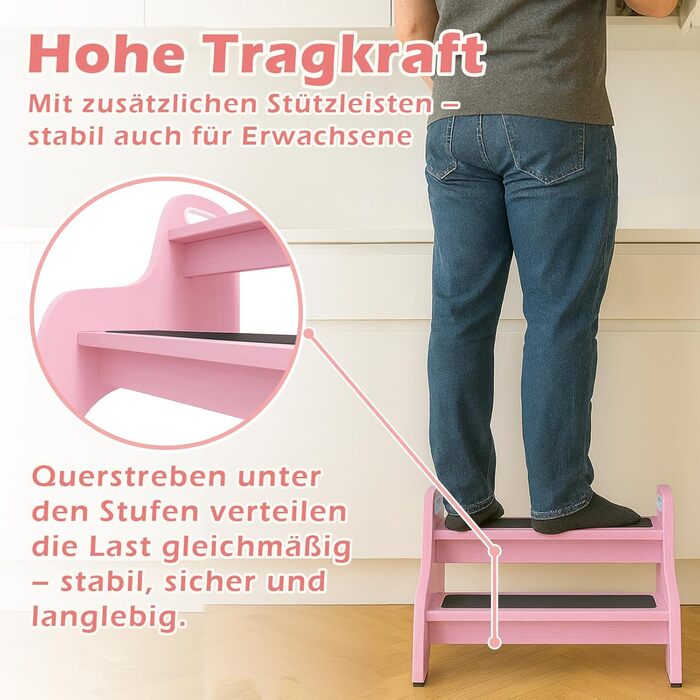 Дерев'яний дитячий стільчик Tritthocker з 2 сходинками, неслизький, для ванної та кухні, скандинавський дизайн, колір: натуральний (рожевий)