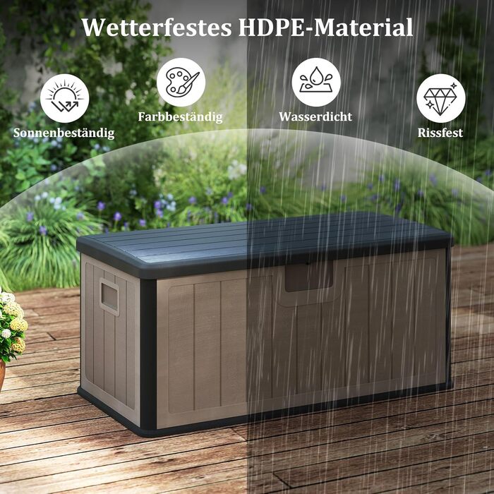 Ящик для зберігання садовий COSTWAY 378 л, водонепроникний, з кришкою на замок, для подушок та інструментів, чорно-коричневий