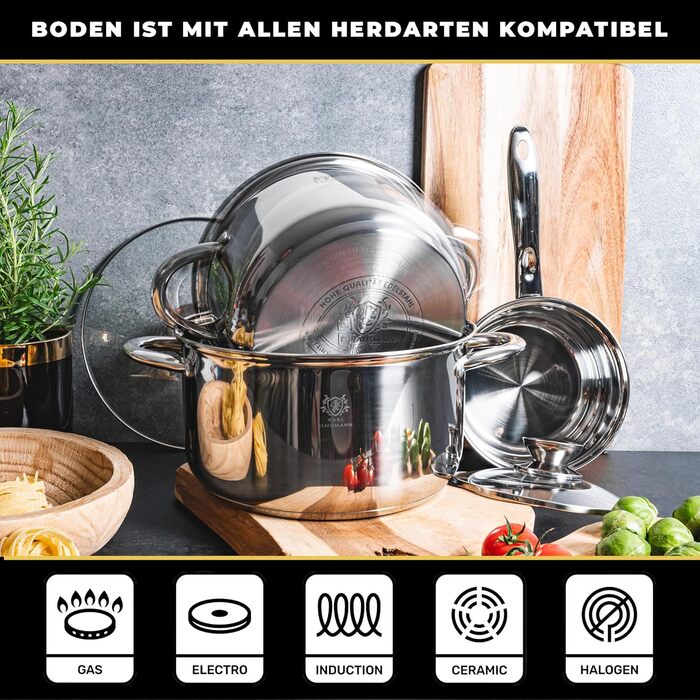 Набір каструль з нержавіючої сталі 3 шт. для всіх типів плит - каструлі з мірною шкалою, з кришкою з термостійкого скла