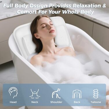 Килимок для ванни з подушкою для тіла 123x40 см, для зросту 160-180 см, швидковисихаючий, для підтримки голови, шиї та спини