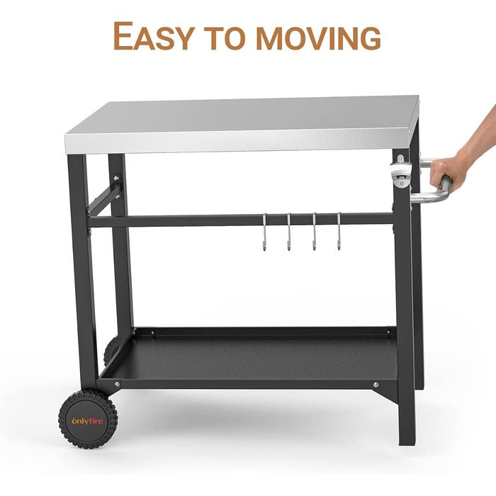 Onlyfire Grillwagen: Сталевий гриль-вузький столик з великою робочою поверхнею, Outdoor гриль-тролей, сервісний столик для саду та вулиці, 85,3×61×81см