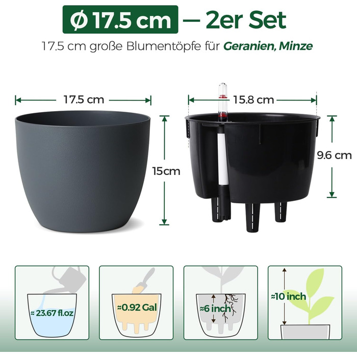Автоматичний горщик для квітів з індикатором рівня води, 2 шт. - ідеально для зайнятих людей та початківців, підходить для монстери та розмарину (сірий, 17,5 см)