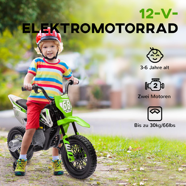 Електромотоцикл AIYAPLAY для дітей, 12V дитячий мотоцикл з музикою, дитячий транспорт з знімними навчальними колесами, 2,4-5 км/год, для дітей 3-6 років, макс. 30 кг, Зелений | Aosom