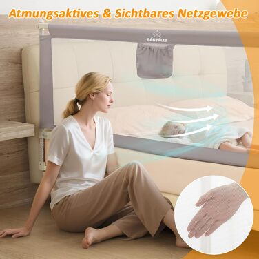 Бортики для ліжка дитячі 3 шт., захисні грати на ліжко для малюків (2x200 см + 1x180 см), сірі, складані