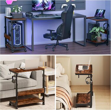 Регульована підставка для комп'ютерного блоку з 2 полицями та місцем для зберігання – для корпусів ATX, принтерів, з фіксуючими роликами (Темно-коричневий, B64 x T34 x H59-84,5cm)