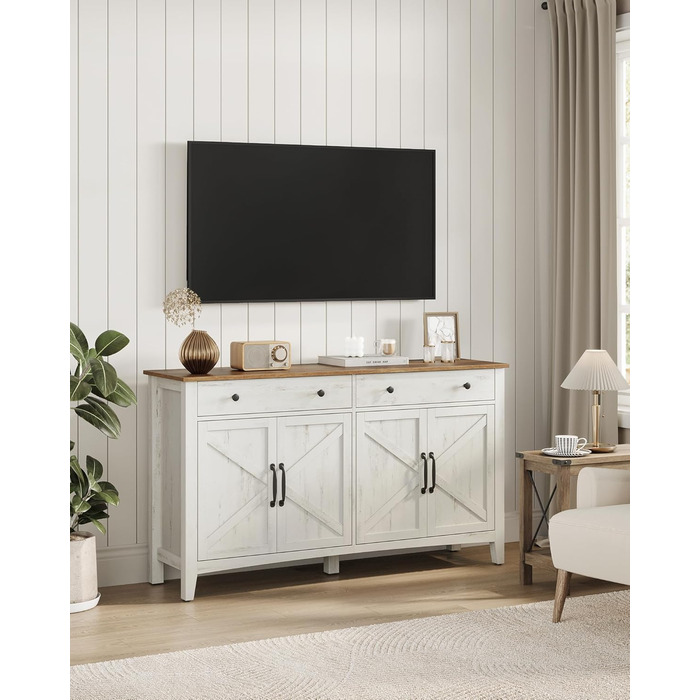 Шафа VASAGLE для кухні, комод з шухлядами, шафа для зберігання з дверцятами, регульована полиця, стиль кантрі, для вітальні, кухні, їдальні, 40 x 140 x 80 см, вінтажний білий + медовий колір BBK381W02