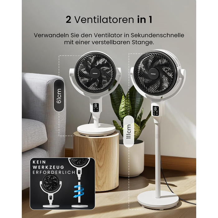Вентилятор Pro Breeze AirFlo Standventilator 109см з пультом керування та LED-дисплеєм – 2 режими, осциляція, 29 дБ, регульована висота, енергоефективний для спальні, офісу та дому