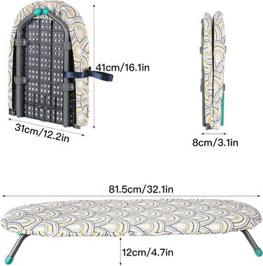 Кисло-лимонна прасувальна дошка Розкладний стіл Прасувальна дошка, компактна складна прасувальна дошка Протиковзкі складні ніжки Легка вага Економія місця Ідеально підходить для подорожей Маленька прасувальна дошка 81*31см (Peacock)
