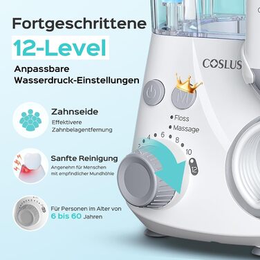COSLUS Електрична іригатор для порожнини рота з 2 режимами та 12 рівнями тиску – 600 мл резервуар для води. Підходить для сімей, ентузіастів орального здоров'я та пацієнтів з ортодонтичними конструкціями. 5 насадок, чорно-білий колір.