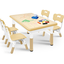 Дитячий стіл зі стільцями (2 шт.) 80x60 см, регульована висота, для дитячого садка, ідеально для ігор, малювання та розмальовування. Легко миється. Набір столу та стільців для дітей від 2 років (Бежевий)