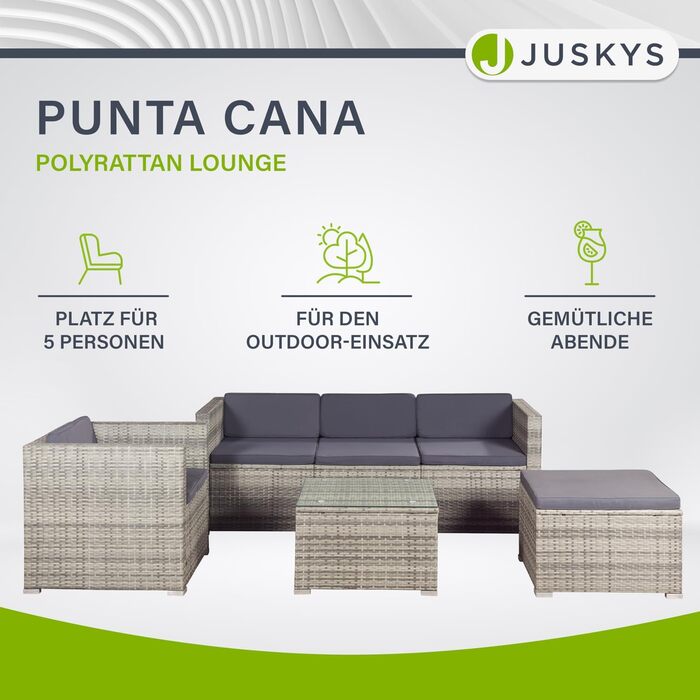 Садовий набір меблів Juskys Polyrattan Punta Cana для 4-5 осіб: диван, крісло, пуф, стіл, подушки - Чорно-сірий (меланж / темно-сірий)