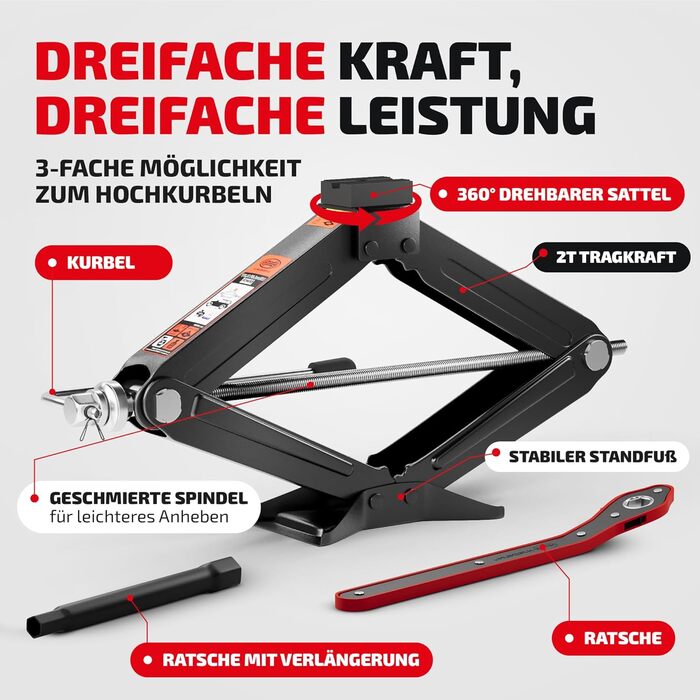 Підйомник гідравлічний ножичний HEYNER® 2т з кейсом, храповий механізм 17мм, гумові накладки, висота підйому 98-442мм. Автомобільний домкрат, сертифікат TÜV/GS