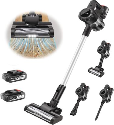 Бездротовий вертикальний пилосос 15kpa з HEPA-фільтром, ручний пилосос з LED-підсвічуванням та 2 батареями (3000mAh)