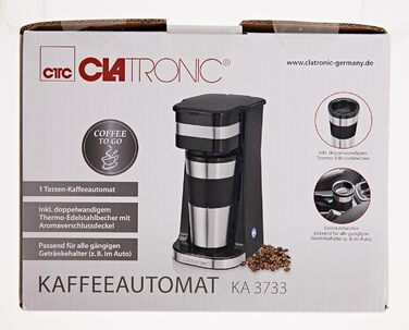 Кавоварка Clatronic з кухлем Coffee To Go 400 мл Підходить для всіх поширених підстаканників (наприклад, автомобільних) Кавоварка з фільтром з кухлем з нержавіючої сталі та кришкою для аромату Кавоварка мала KA 3733 Classic