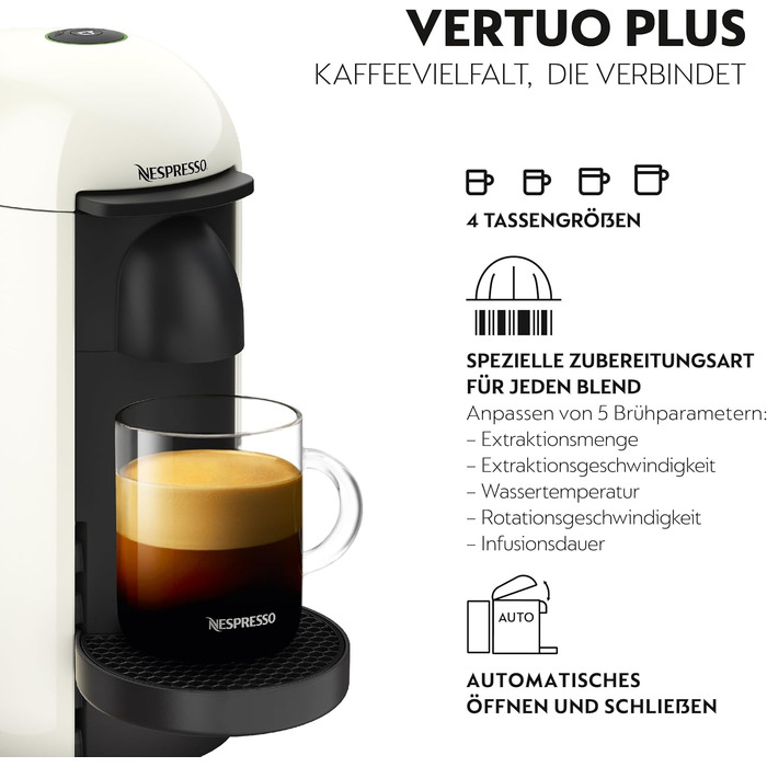 Кавомашина Nespresso Vertuo Plus Krups, автоматичне розпізнавання капсул, білий колір, XN9031