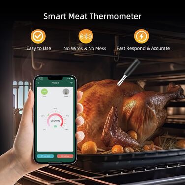 Бездротовий термометр Mcbazel Smart Meat Thermometer з радіусом дії 45 м, Таймер/сигнал тривоги, підтримує віддалений моніторинг/додаток, термометр для варіння/гриля/запікання