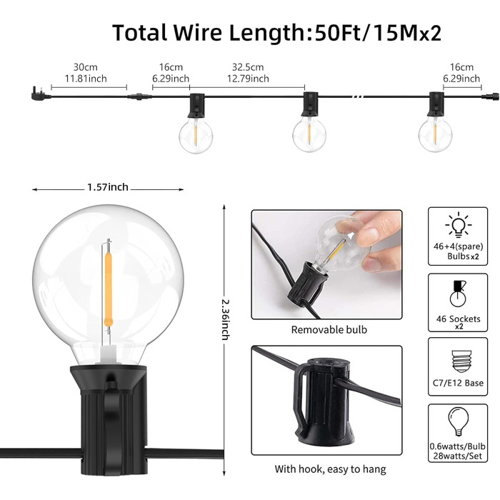LED гірлянда Bomcosy для вулиці 60м, 100+4 лампочки G40, водонепроникна IP44, тепле світло 2700K, для саду, тераси, кафе, вечірки