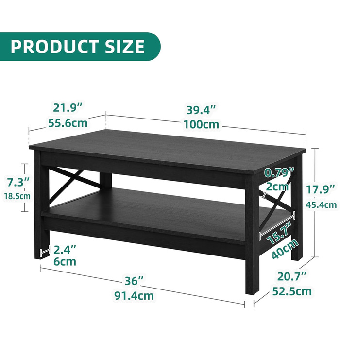 Журнальний столик YITAHOME 2 яруси, дерев'яний прямокутник, Х-подібна металева, 100x55.3x45см (чорний)