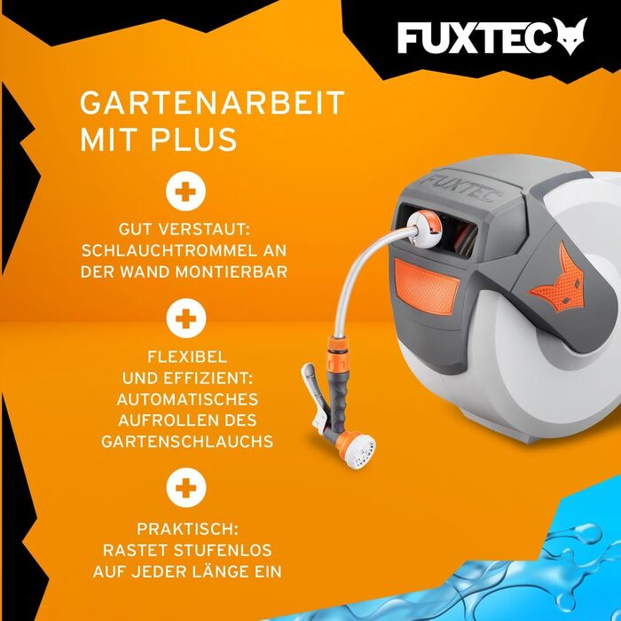 Автоматичний шланг для саду Fuxtec FX-WSA30 – 30 метрів, ½ дюйма, з роликом для стіни, включаючи ручну лійку та з'єднувачі, поворотний на 180°, оранжевий