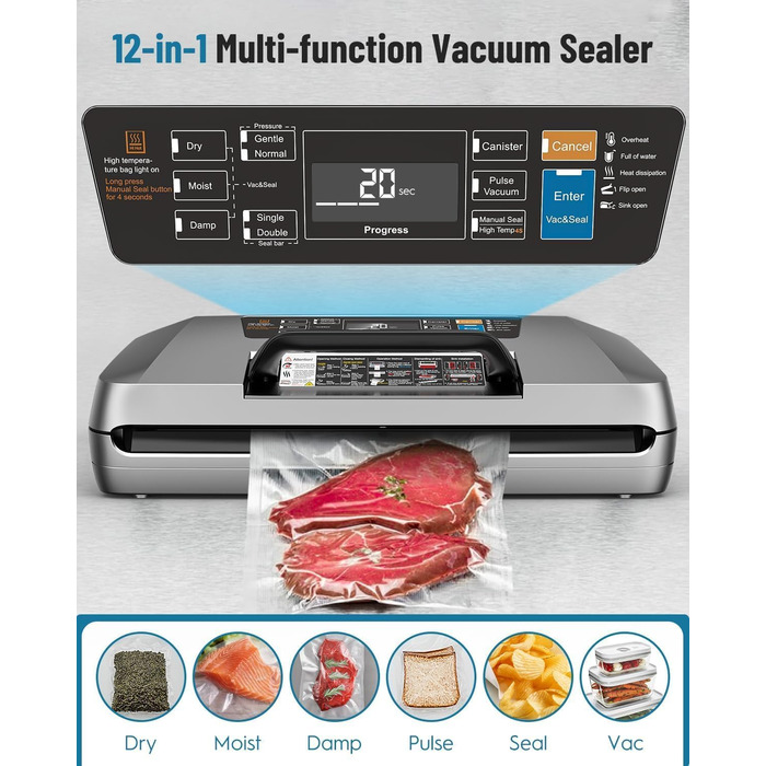 Професійний вакууматор для продуктів 12-в-1, 95кПа, з функцією безперервного вакуумування та подвійним швом, сріблястий (комплект: 1 рулон та 10 пакетів)