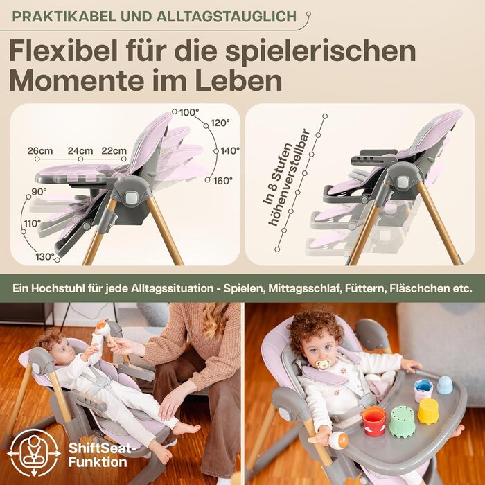 Дитячий стільчик LepiBaby FlexiCo з регулюванням висоти та функцією лежання, для новонароджених, складний, рожевий | Дитячий стільчик, стільчик для годування | Від народження до 3 років