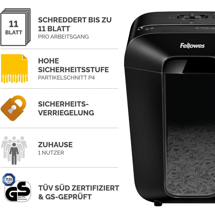 Fellowes Шредер для паперу LX70 (11 листів) з частинковим різанням, 18л кошик, захист від несанкціонованого доступу, чорний