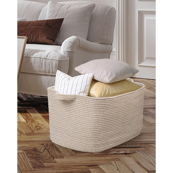 Складний кошик для білизни, 63L, з бавовни, плетений, з ручками, для ковдр, одягу, іграшок, 2 шт. (білий та коричневий)