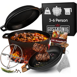 Голландська піч 2в1 з чавуну, 4.8л + сковорода з чавуну 1.8л - набір посуду для приготування, BBQ, кемпінгу та кухні. З кулінарною книгою та аксесуарами. 30 років гарантії. Чорний колір.