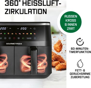 GOURMETmaxx Фрай-Ап Вертикальна Подвійна Камера Гарячого Повітря Фритюрниця | Вертикальний Airfryer | Складне Сенсорне Дисплей | 32% Економія Місця | Об'єм 10Л | Фритюрниця Гарячого Повітря 2 Камери (Чорний, 9 Літрів (2x 4,5Л))