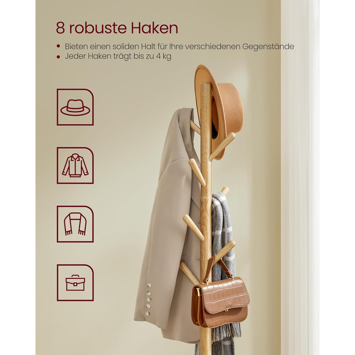Стійка для одягу VASAGLE з 8 гачками та полицею, 170,5 см, для прихожих, спалень (Нейтрально-бежевий)