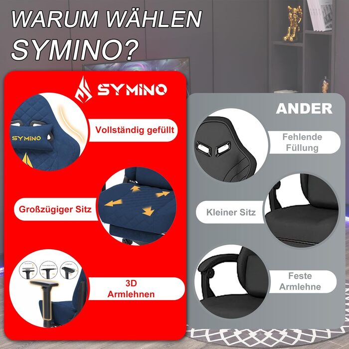 Ігровий крісло Symino, ергономічне, з дизайном гоночного авто, для ПК, вінтажне, з регульованою підніжкою, оббивка з PU-шкіри (блакитний)