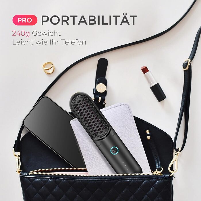 Щітка для випрямлення волосся TYMO Porta Cordless PRO, міні-щітка для випрямлення волосся, портативна щітка для випрямлення волосся для подорожей, щітка для укладання волосся з негативними іонами, функція зарядки USB Black