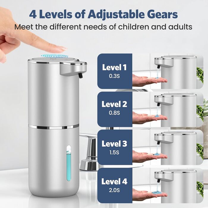 Автоматичний дозатор мила, 380 мл, електричний, з датчиком, USB, водонепроникний, для кухні, ванної, школи, готелю, сріблястий