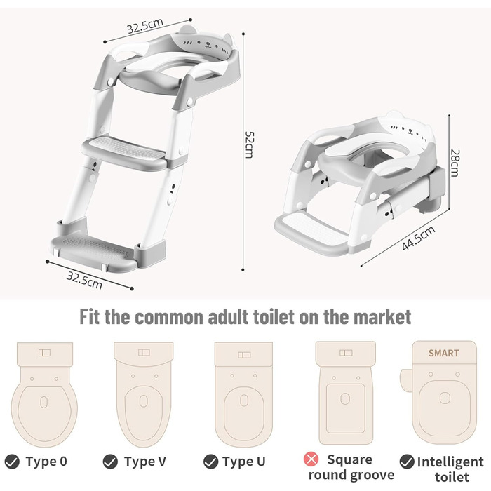 Дитячий унітаз-сходи 3-в-1 з поручнями, регульований по висоті, сірий. Тренажер для привчання до горщика
